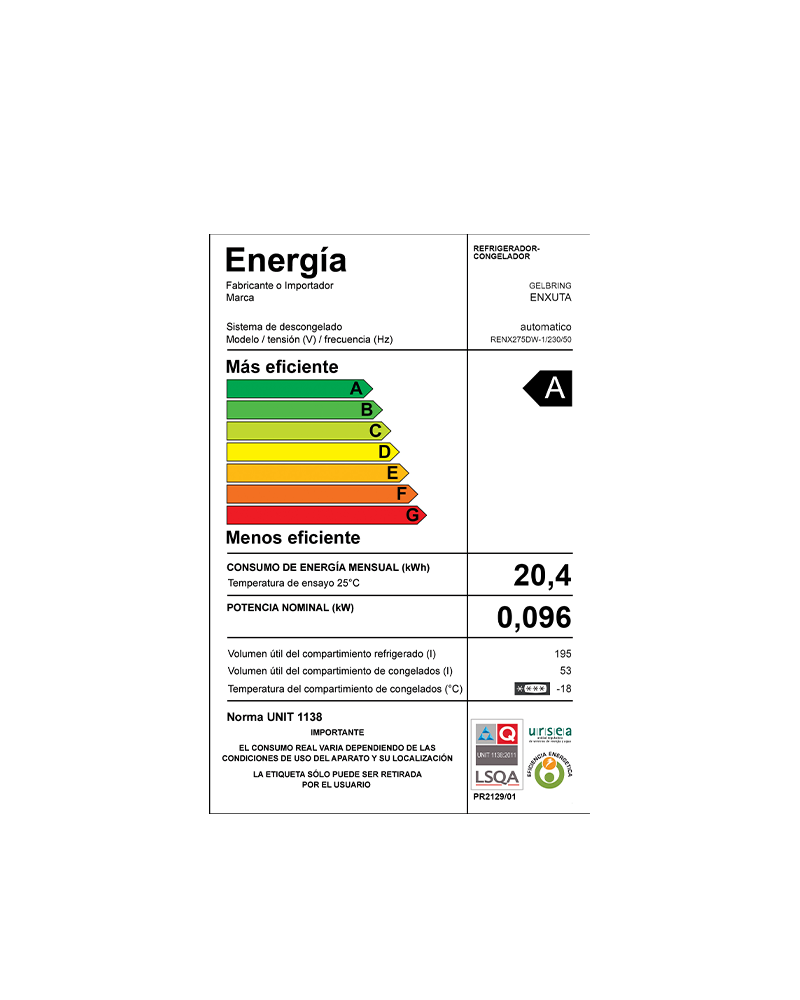 Heladera frio seco 248 lt. c/dispensador - Enxuta